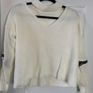 White choker neck cut out cropped sweater